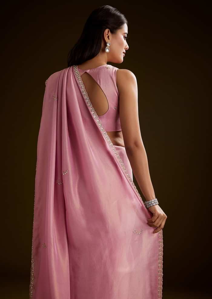 Pink Tissue Saree With Cutdana Embroidery And Scallop Border