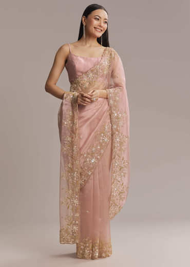 Pink Tissue Saree With Golden Sequin Embroidery