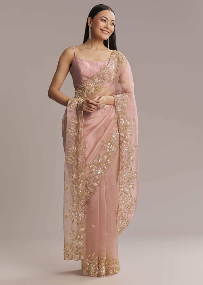 Pink Tissue Saree With Golden Sequin Embroidery