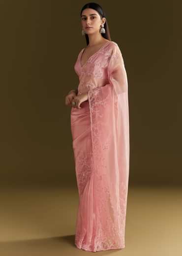 Pink Tissue Saree With Heavy Cutdana And Beads Embroidery