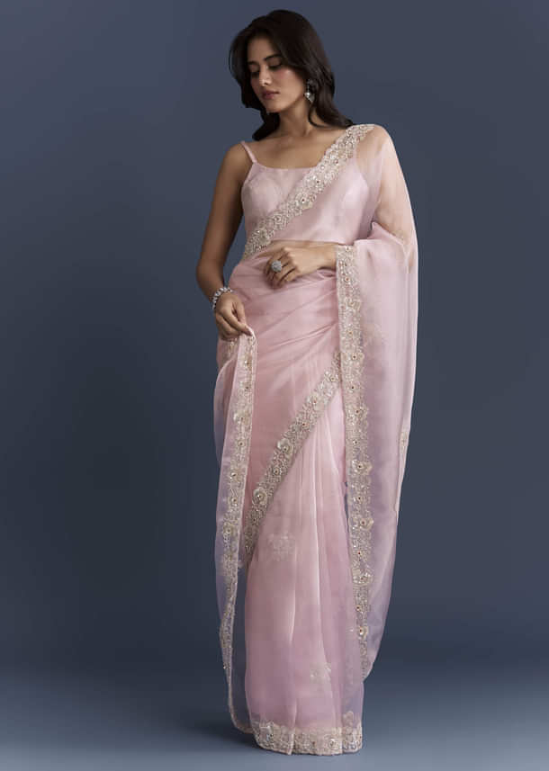 Pink Tissue Saree With Heavy Floral Hand Embroidery Pink Tissue Saree With Heavy Floral Hand Embroidery