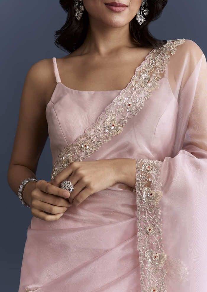 Pink Tissue Saree With Heavy Floral Hand Embroidery