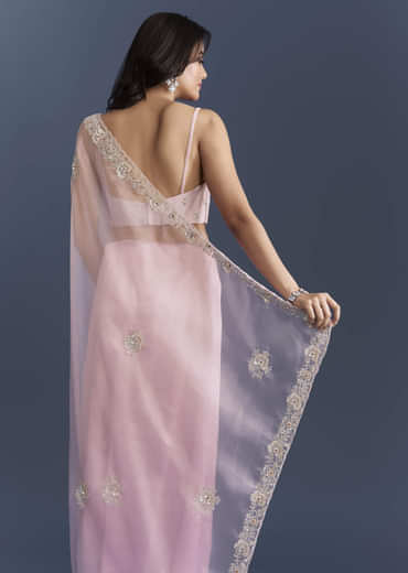 Pink Tissue Saree With Heavy Floral Hand Embroidery
