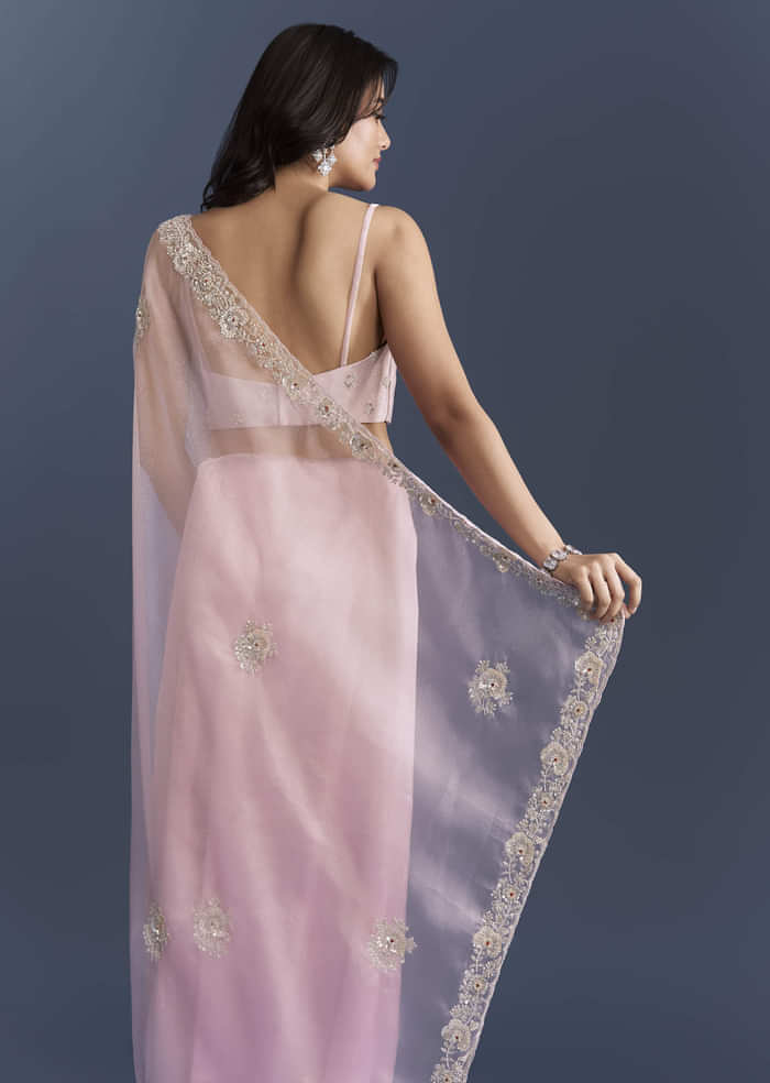 Pink Tissue Saree With Heavy Floral Hand Embroidery