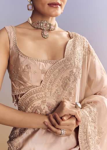 Pink Tissue Saree With Scallop Border