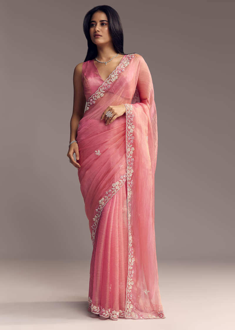 Pink Tissue Saree With Sequins And Floral Border