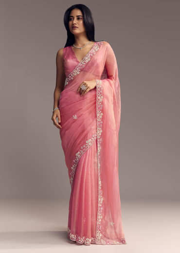 Pink Tissue Saree With Sequins And Floral Border
