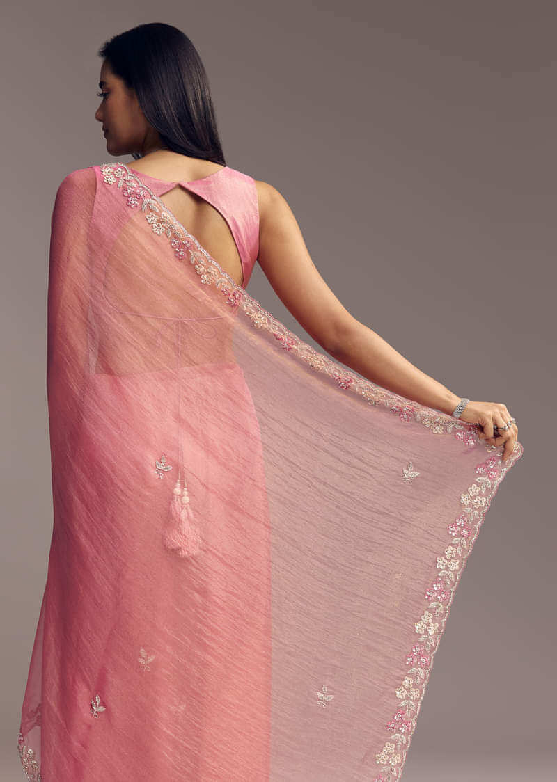 Pink Tissue Saree With Sequins And Floral Border