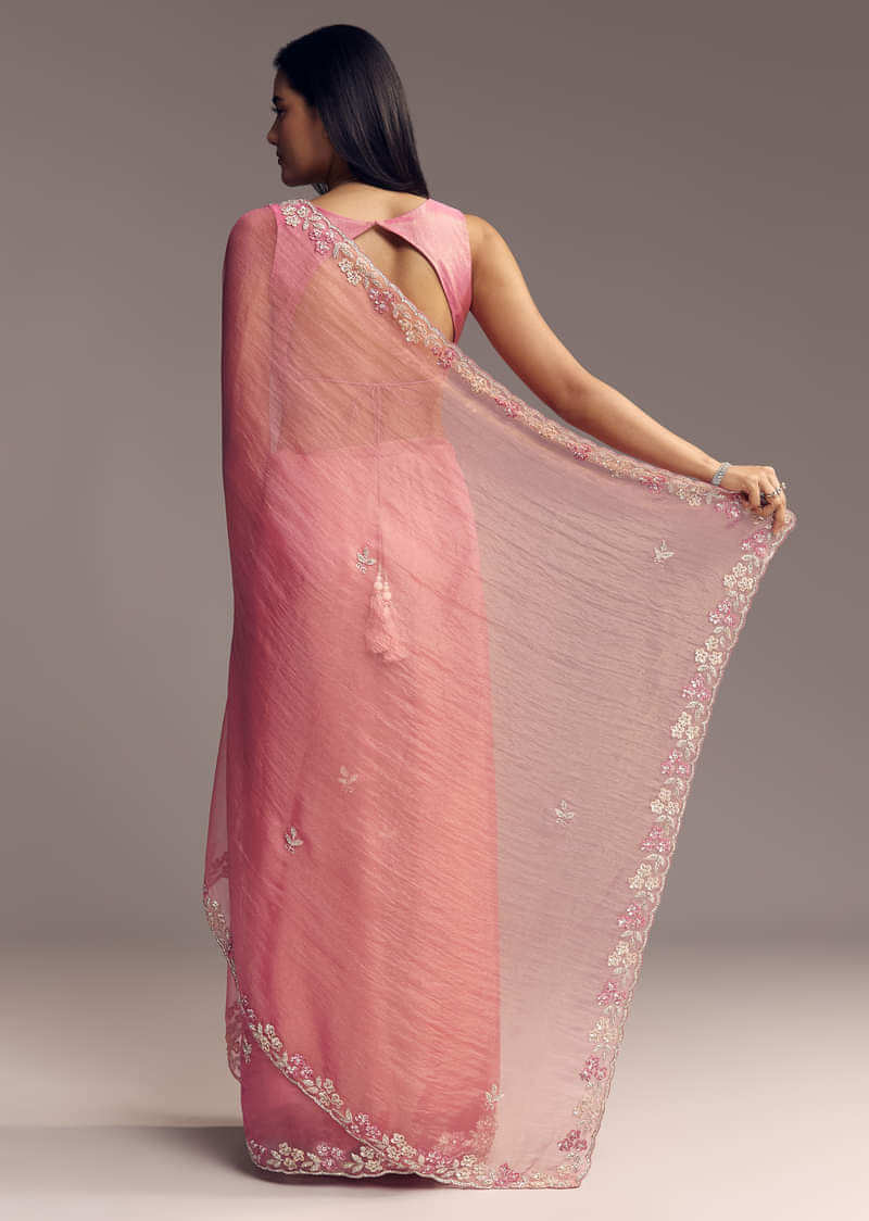 Pink Tissue Saree With Sequins And Floral Border
