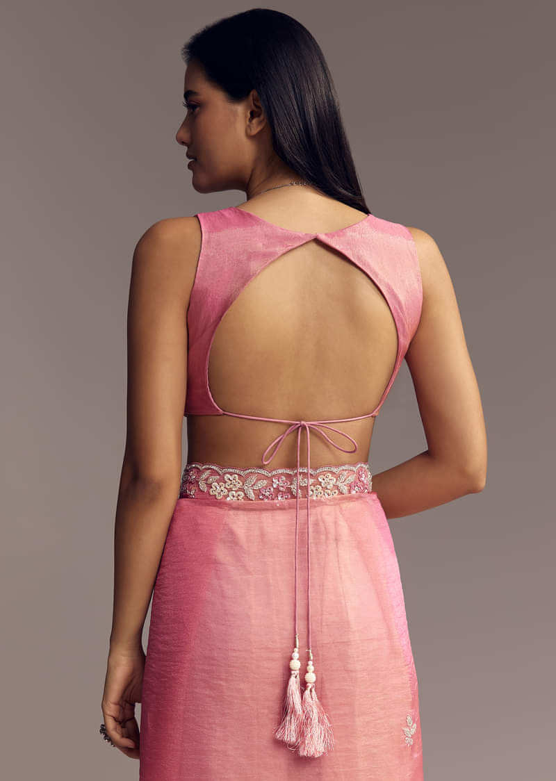 Pink Tissue Saree With Sequins And Floral Border