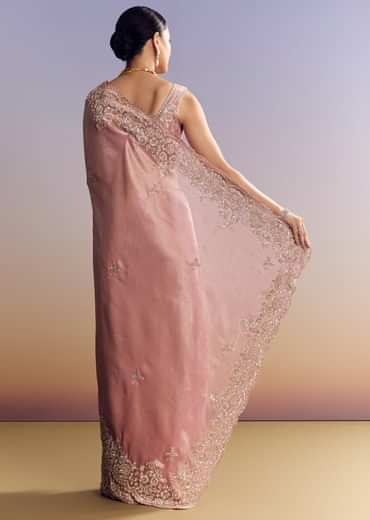 Pink Tissue Silk Saree With Scalloped Border
