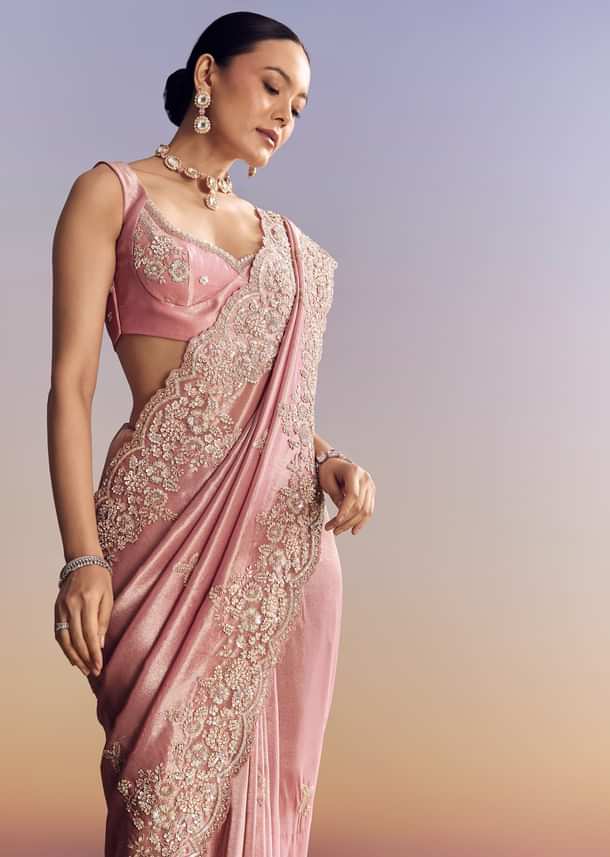 Pink Tissue Silk Saree With Scalloped Border