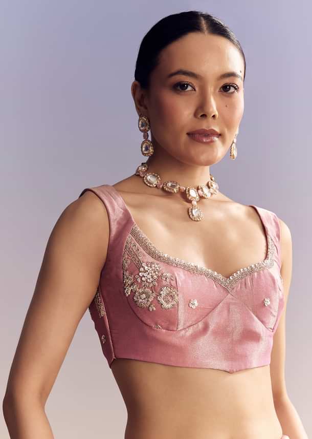 Pink Tissue Silk Saree With Scalloped Border