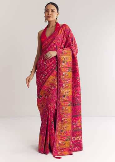 Pink Traditional Element Printed Woven Saree