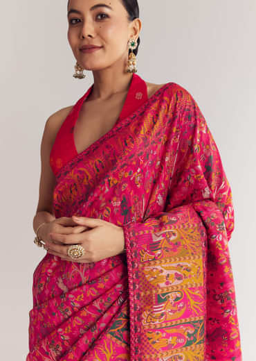 Pink Traditional Element Printed Woven Saree
