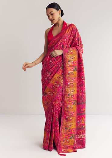 Pink Traditional Element Printed Woven Saree