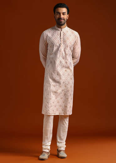 Pink Viscose Kurta Set For Men With Thread Work