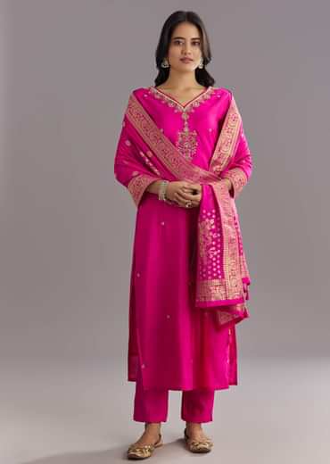 Pink Viscose Silk Kurta Set With Zari Moti and Cut Dana Work