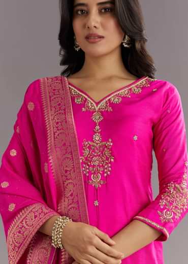 Pink Viscose Silk Kurta Set With Zari Moti and Cut Dana Work