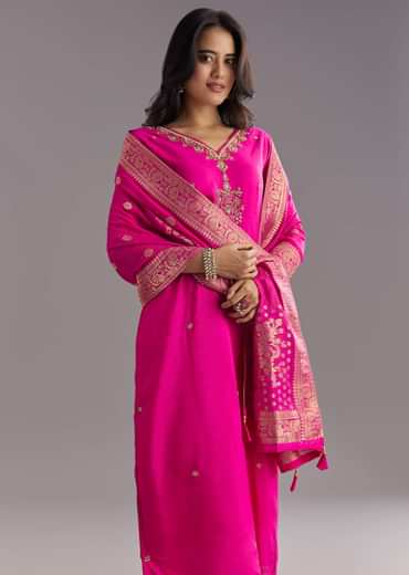Pink Viscose Silk Kurta Set With Zari Moti and Cut Dana Work