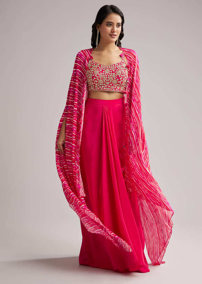 Pink Zardosi Cape Set With Crop Top And Skirt