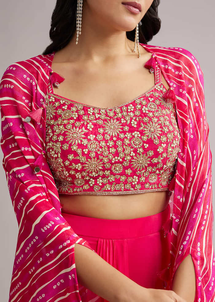 Pink Zardosi Cape Set With Crop Top And Skirt