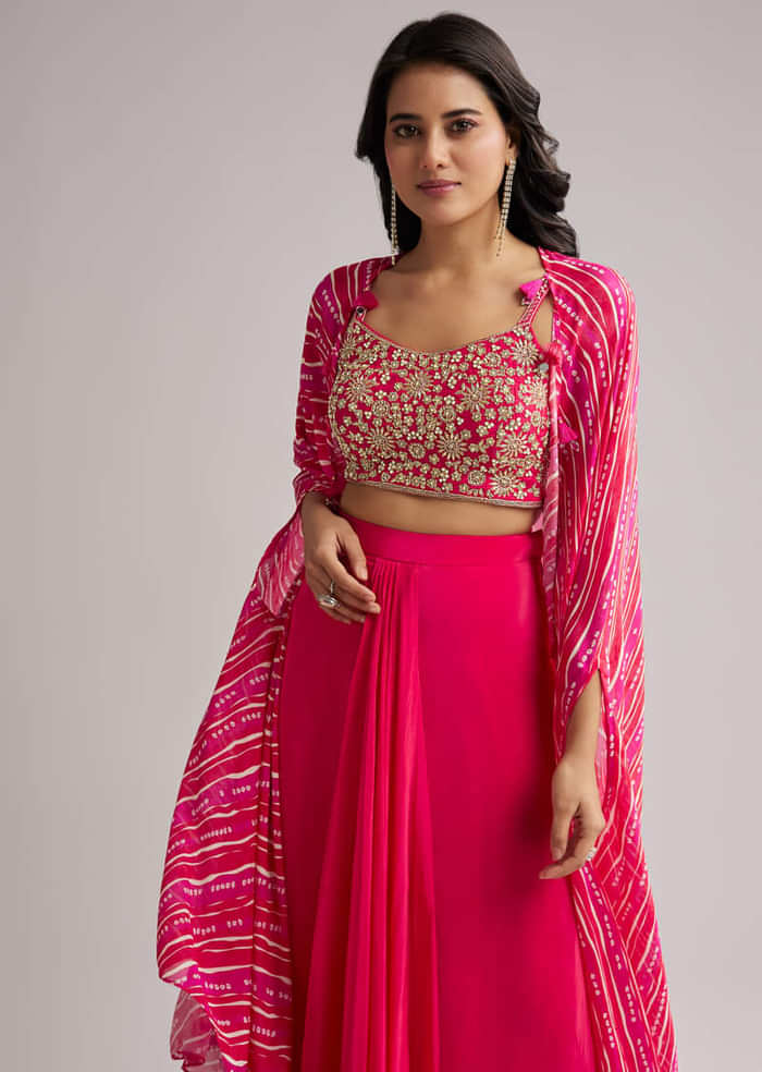 Pink Zardosi Cape Set With Crop Top And Skirt