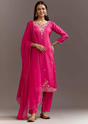 Pink Zardosi Silk Kurta Set With Cutdana Organza Dupatta