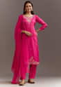 Pink Zardosi Silk Kurta Set With Cutdana Organza Dupatta