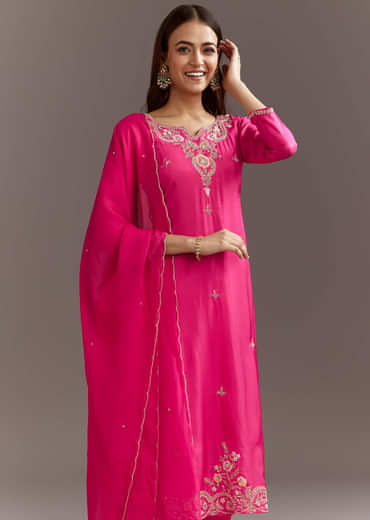 Pink Zardosi Silk Kurta Set With Cutdana Organza Dupatta