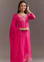 Pink Zardosi Silk Kurta Set With Cutdana Organza Dupatta
