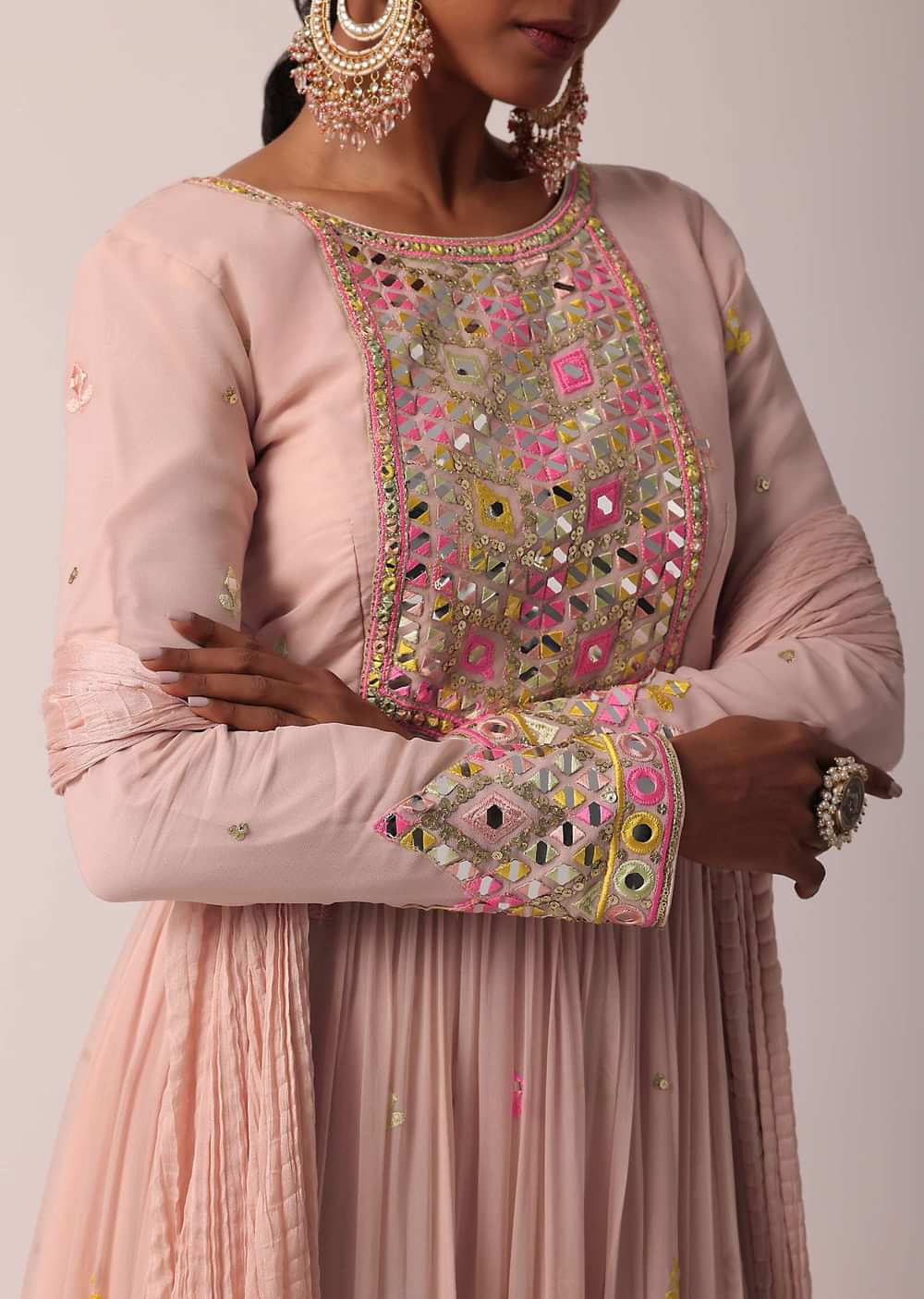 Pink Anarkali Set With Mirror Work Embroidery