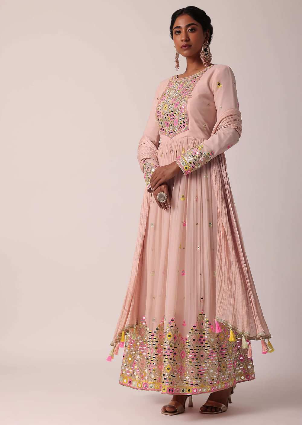 Pink Anarkali Set With Mirror Work Embroidery