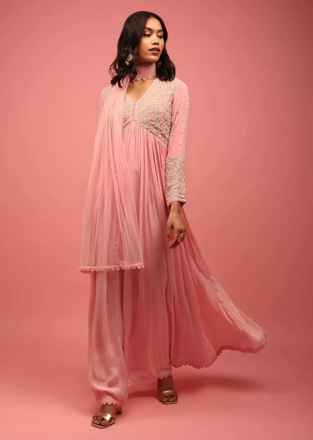 Blush Pink Anarkali Suit In Chiffon With Empire Style Heavily Embroidered Bodice Paired In Moti Work