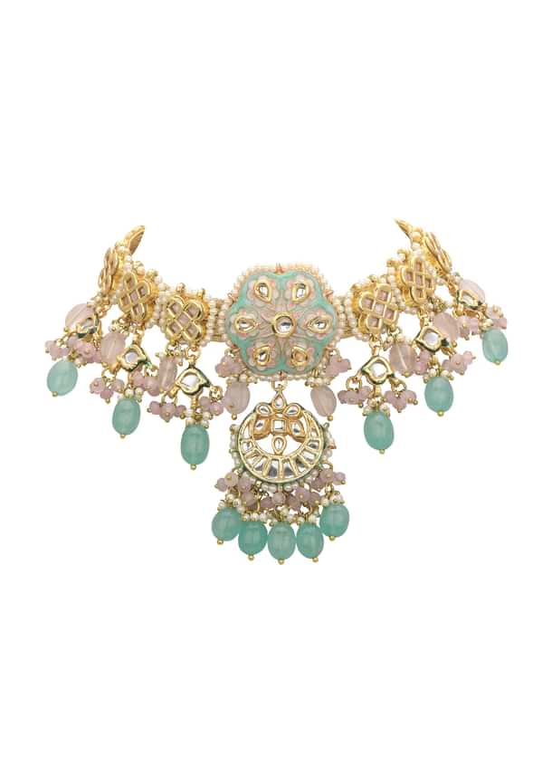 Pink And Aqua Meenakari Pendant Necklace Set With Encrusted Kundan Pink And Aqua Meenakari Pendant Necklace Set With Encrusted Kundan