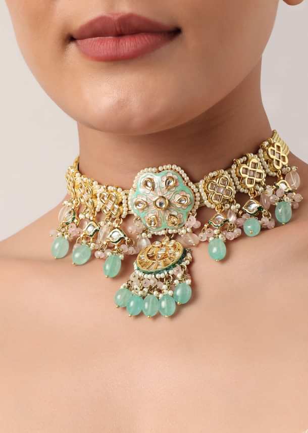 Pink And Aqua Meenakari Pendant Necklace Set With Encrusted Kundan Pink And Aqua Meenakari Pendant Necklace Set With Encrusted Kundan
