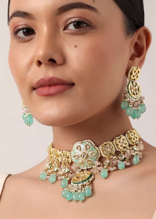 Pink And Aqua Meenakari Pendant Necklace Set With Encrusted Kundan Pink And Aqua Meenakari Pendant Necklace Set With Encrusted Kundan