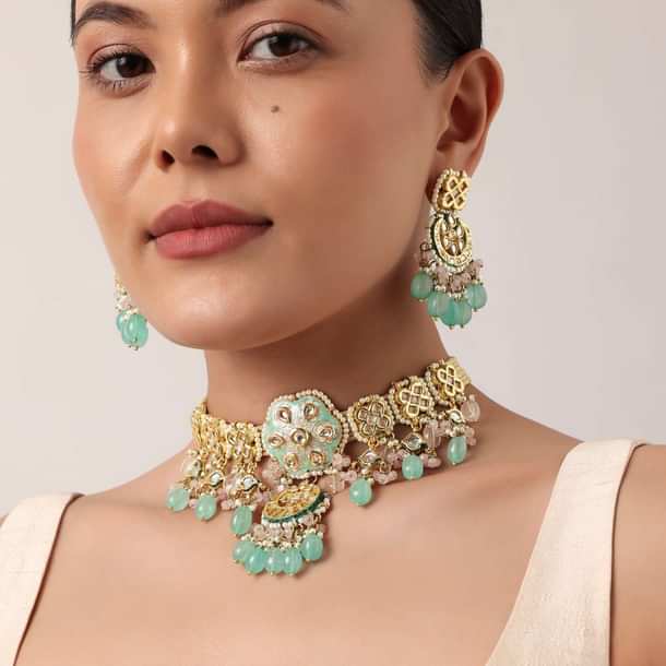 Pink And Aqua Meenakari Pendant Necklace Set With Encrusted Kundan Pink And Aqua Meenakari Pendant Necklace Set With Encrusted Kundan