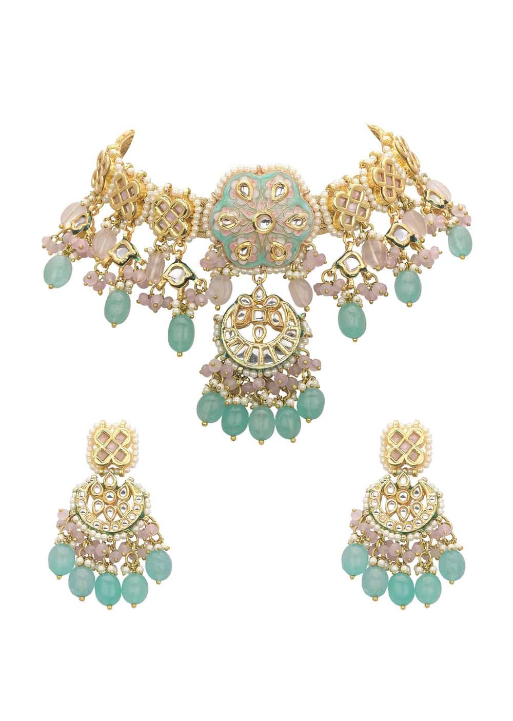 Pink And Aqua Meenakari Pendant Necklace Set With Encrusted Kundan