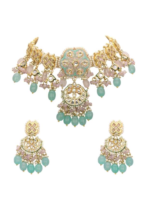 Pink And Aqua Meenakari Pendant Necklace Set With Encrusted Kundan Pink And Aqua Meenakari Pendant Necklace Set With Encrusted Kundan