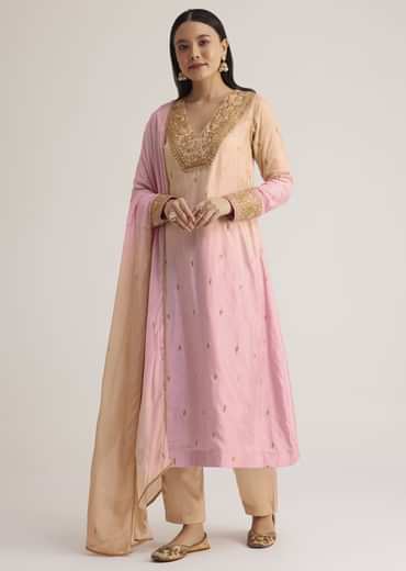 Pink and Beige Ombre Embroidered Suit