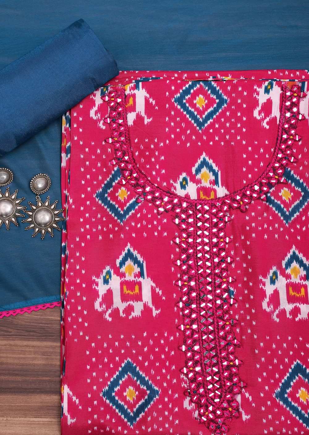 Pink And Blue Patola Printed Tussar Dress Material