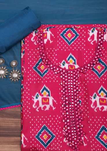 Pink And Blue Patola Printed Tussar Dress Material