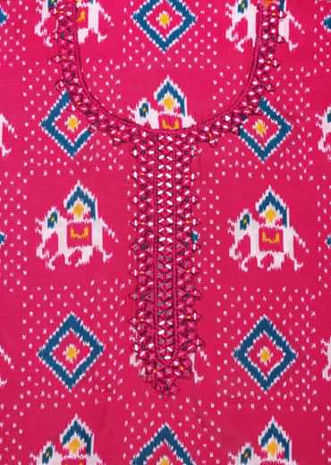Pink And Blue Patola Printed Tussar Dress Material