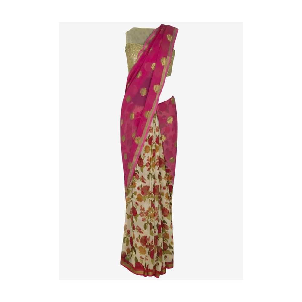 Pink and cream half and half saree with weaved butti and floral print only on Kalki