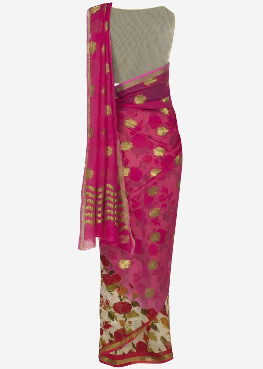 Pink and cream half and half saree with weaved butti and floral print only on Kalki