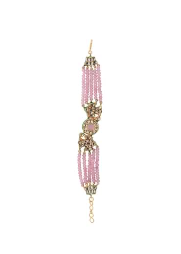 Pink And Gold Beaded Bracelet With Kundan Work In Mix Metal