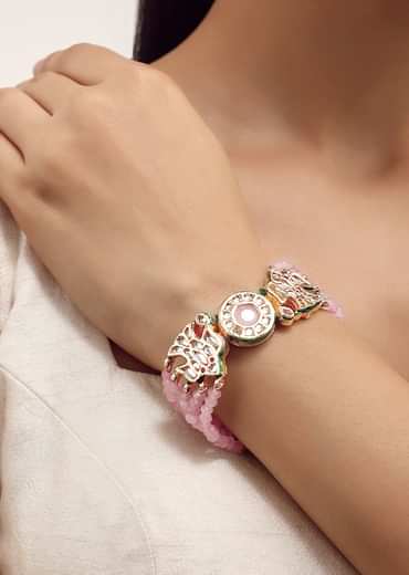 Pink And Gold Beaded Bracelet With Kundan Work In Mix Metal