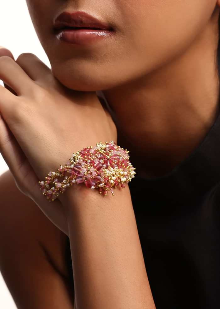 Pink And Gold Handcrafted Bracelet In Mix Metal