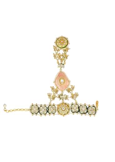 Pink And Gold Hathphool With Meenakari And Kundan